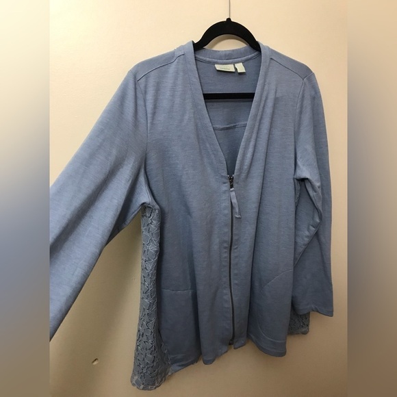 LOGO By Lori Goldstein Full Zip V Neck Lace Back Cardigan Sweater Size Large - Picture 7 of 15